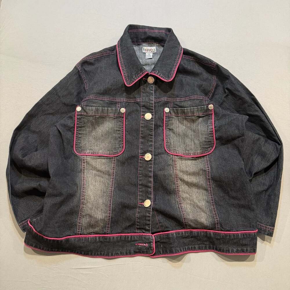 Vezuccib Plus Dark Wash Denim Jacket with Pink Stitching and Trim Size 3X